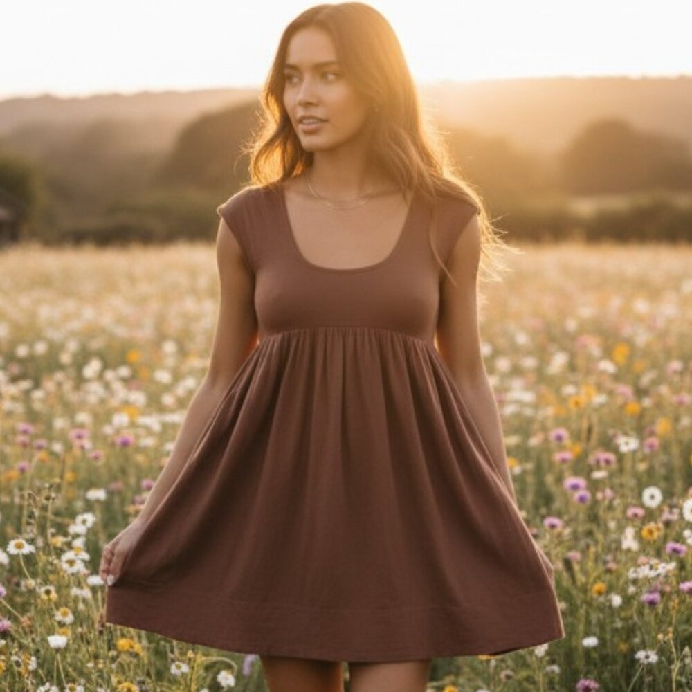 Sepia Brown Babydoll Mini Dress Pockets Cotton Modal NWT S Anna Nata Revolve